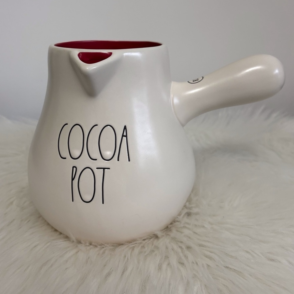 (173)Rae Dunn Cream Cocoa Pot with Red Interior